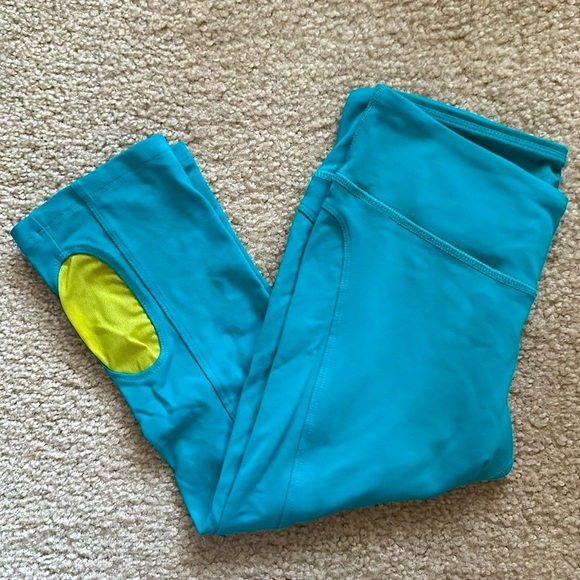ANTHROPOLOGIE Sunpop Crops Capri Leggings Teal Yellow Mesh Accent Waist Pocket - Picture 5 of 8